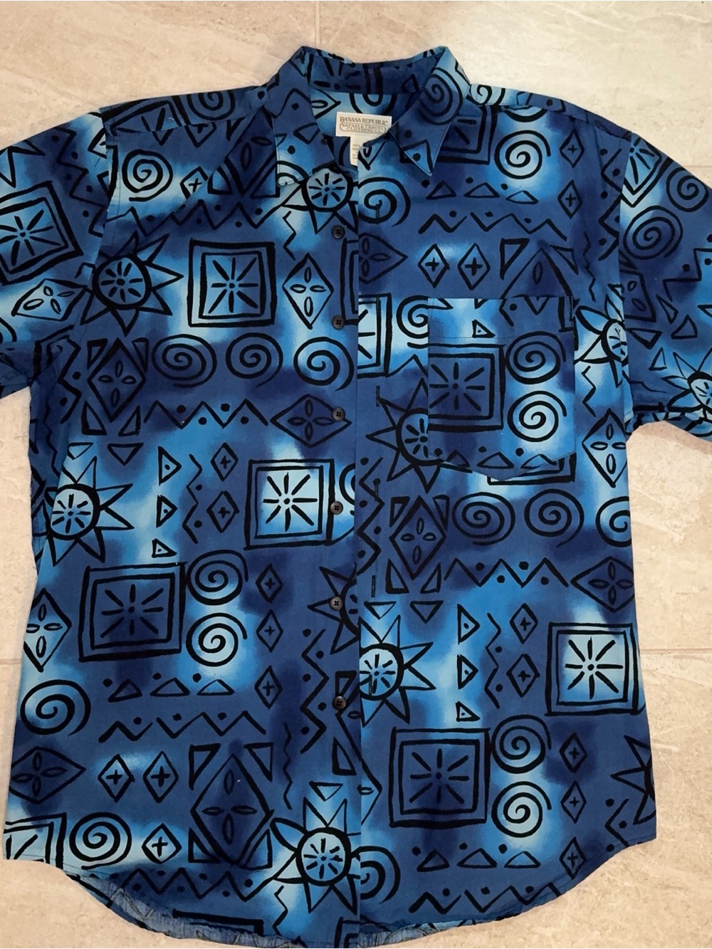 Banana Republic Blue Geometric Print Short-Sleeve Button-Down Shirt